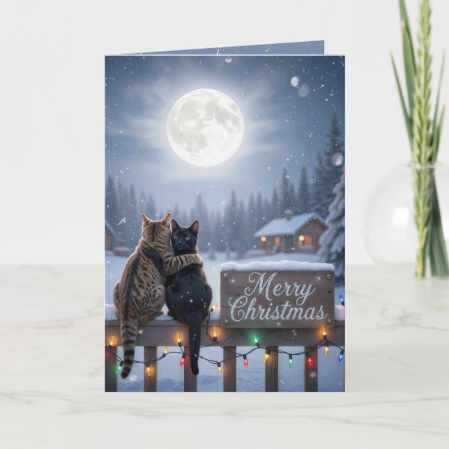 Julkatten kramar på ett snöigt staket kort (Framsida)