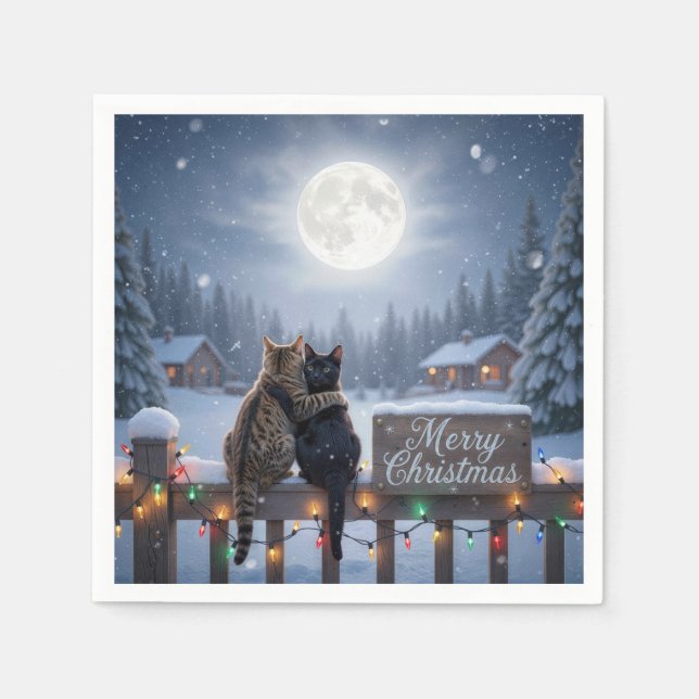 Julkatten kramar på ett snöigt staket pappersservett (Framsidan)