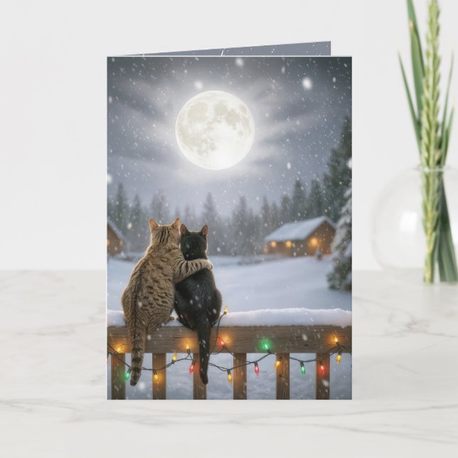Julkatten kramas på ett snöigt staket kort (Framsida)