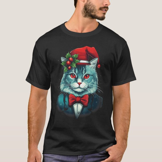 Julkatten med flug och tomtehatt t shirt (Framsida)
