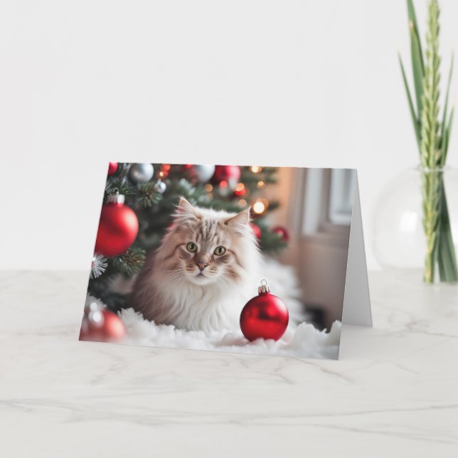 Julkatten med röda ornament helgkort (Framsida)