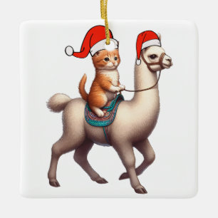 Julkatten Riding Llama, Julafton Llama och Kitten Julgransprydnad Keramik