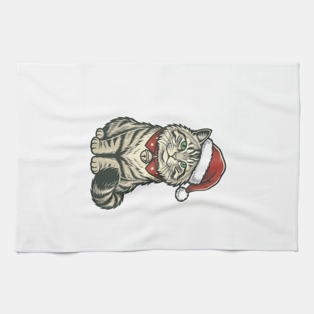 Julkatten Santa Hatt Vintage Gravyr Design_1 Kökshandduk (Horisontell)