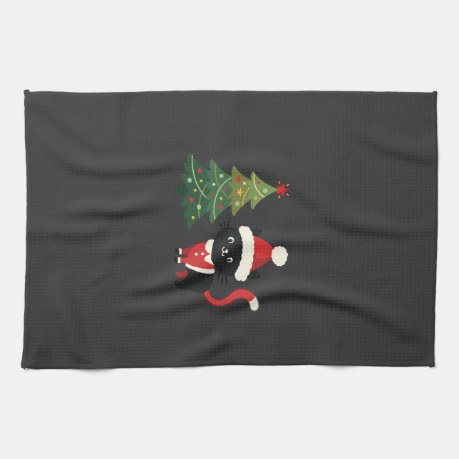 Julkatten Santa Träd Vektor Kökshandduk (Horisontell)