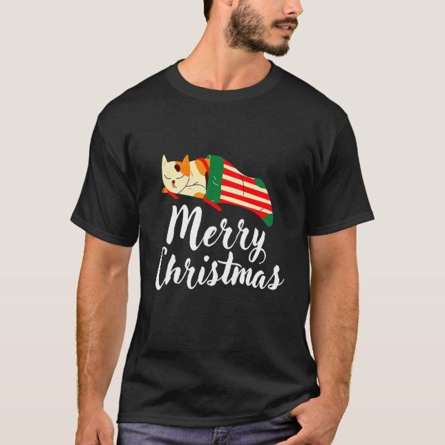 Julkatten sover i en strumpa   Present Män Kvinnor T Shirt (Framsida)
