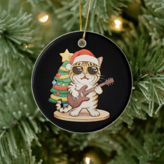 Julkatten spelar gitarr rock jazz julhatt julgransprydnad keramik