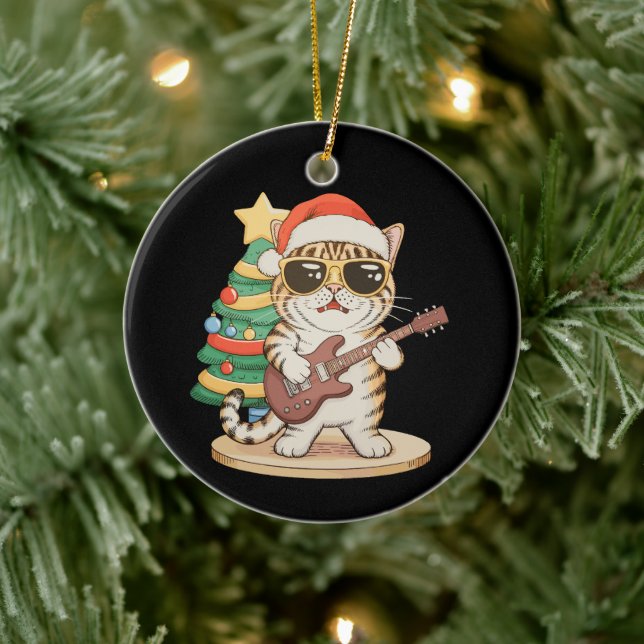 Julkatten spelar gitarr rock jazz julhatt julgransprydnad keramik (Träd)