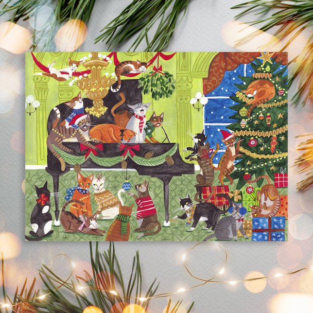Julkatten spelar pianojulkort vykort (Christmas Cats playing Piano Holiday Card)