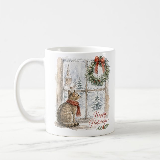 Julkatten vid fönstret med krans kaffemugg (Vänster)