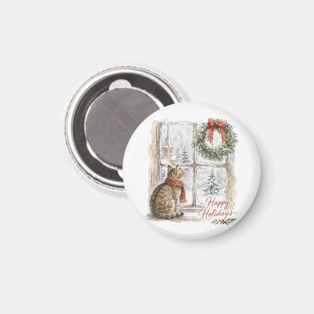 Julkatten vid fönstret med krans magnet (Front/Back)