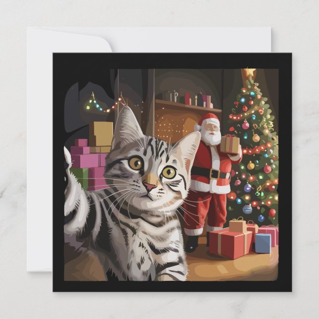 Julkattsjälvporträtt med tomte söta högtider julkort (Framsida)