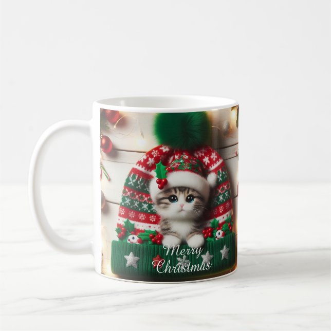 Julkattsmugg – Söt kattunge med tomtehatt Kaffemugg (Vänster)