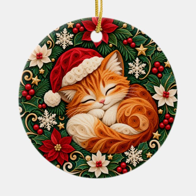 Julkattsprydnad Söt sovande katt Högtid Julgransprydnad Keramik (Framsidan)