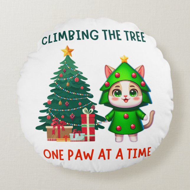 Julkattungar, Träd, Finny Whimsical Tecknad Rund Kudde (Framsidan)