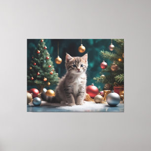 Julkattunge vid Träd med ornament Canvastryck