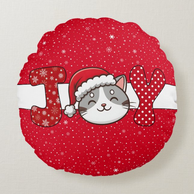 Julkett "JOY" Red White Snowflake & Dots Rund Kudde (Framsidan)