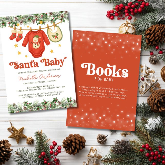 Julkläder Tjej Baby Shower och Bokönskan Inbjudningar (Christmas Clothesline Baby Shower and Book Request Invitation)