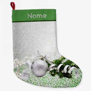 Julklämning i Silver Ornament White Ribbon Stor Julstrumpa
