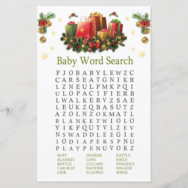 Julklapp Baby Shower Ord Search-spel (Framsida)