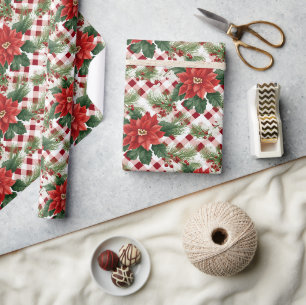 Julklapp med Poinsettia röd-vit rutigt mönster Presentpapper