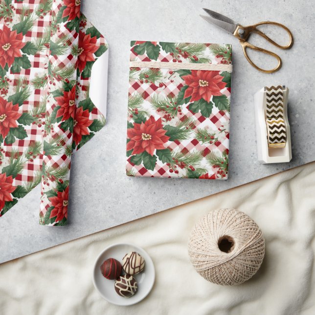 Julklapp med Poinsettia röd-vit rutigt mönster Presentpapper (Hantverk)