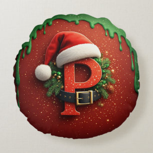 Julklapp Monogram P med Santa Hatt Rund Kudde