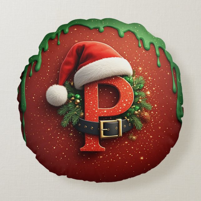 Julklapp Monogram P med Santa Hatt Rund Kudde (Framsidan)