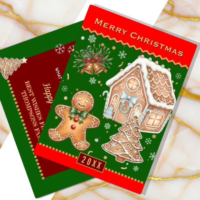 julklapp, Pepparkaksgubbe, röd/Grönt Julkort (Traditional Christmas Card with Gingerbread Cookies)