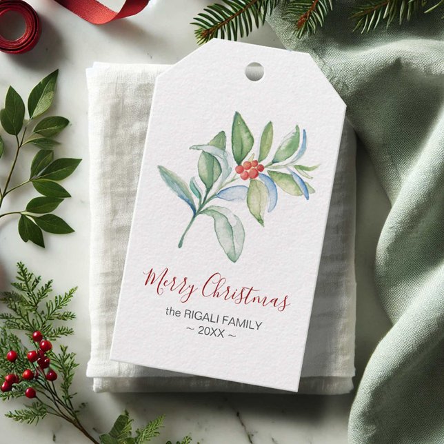 Julklappsbrickor Eleganta Enkla Akvarell Presentetikett (Christmas tags watercolor botanical greenery art by Victoria Grigaliunas of Do Tell A Belle)