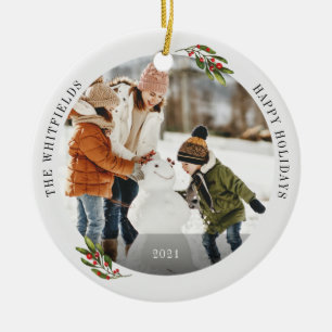 Julklappsminne för familjefoto julgransprydnad keramik