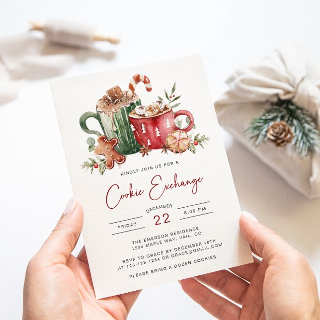 Julklappsutbytesinbjudan Inbjudningar (Cookie Exchange Christmas Invitation | Watercolor Cookies & Cocoa Holiday Party by Painted Paperie
)