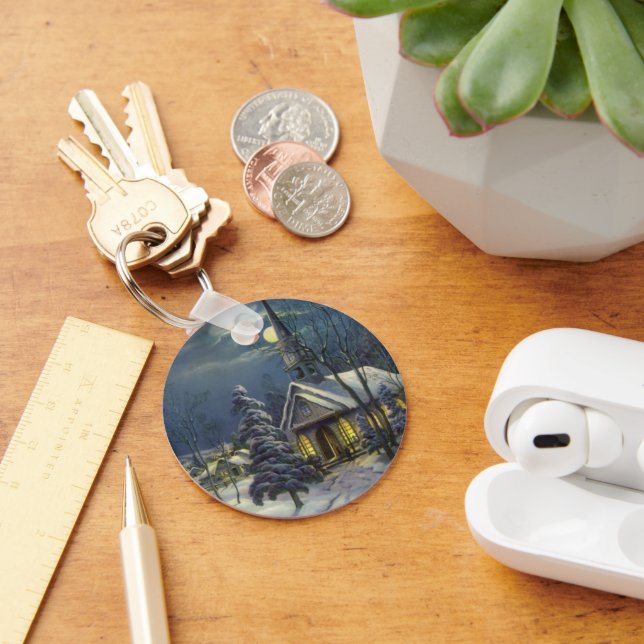 Julklassiker, vinterkyrka i snö med måne nyckelring (Skrivbord)