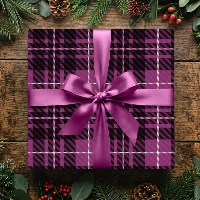 Julklassisk rutig mörk rosa höst-ruta presentpapper (Skapare uppladdad)