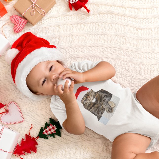 Julklat Humbug Photo med Santa Hat Tee Shirt (Christmas Cat Humbug Photo with Santa Hat Baby Bodysuit)