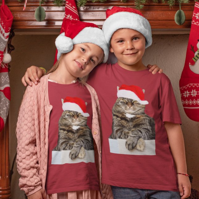 Julklat Humbug Photo med Santa Hat Tröja (Christmas Cat Humbug Photo & Santa Hat Kids T-Shirt)