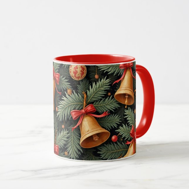 Julklockor, dekorativt mönster, röd trim, mugg (Framsida höger)