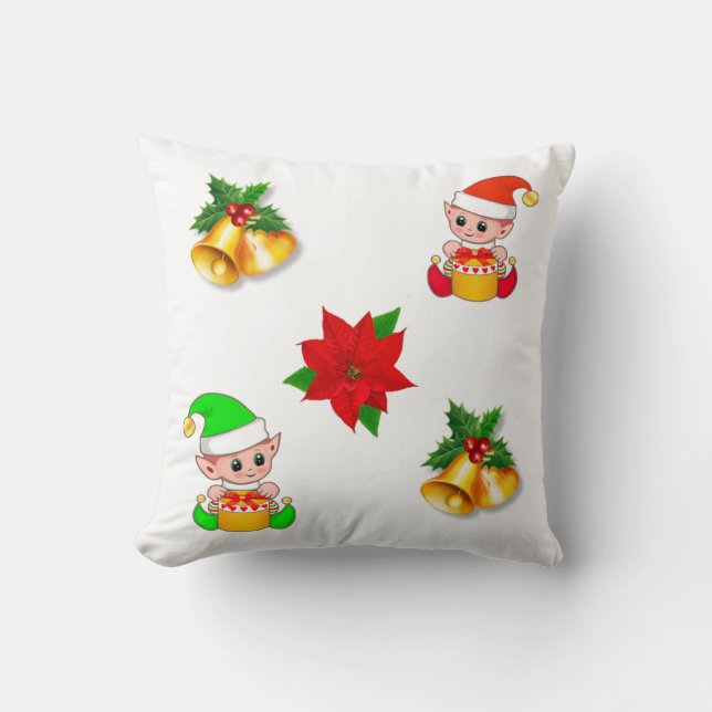 Julklockor, julstjärna och söt tomteprydnad kudde (Framsida)