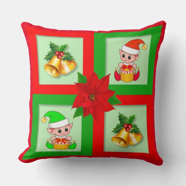 Julklockor, julstjärna, tomte på grön och röd kudde (Framsida)