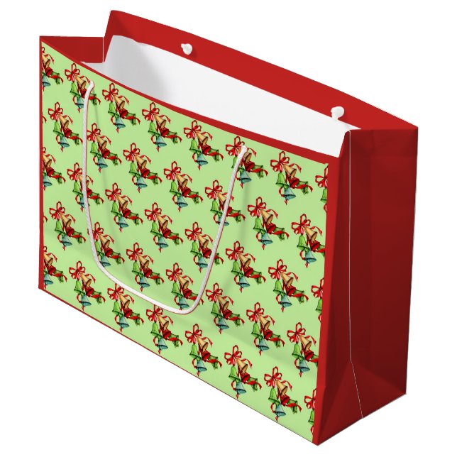 Julklockor, röd & grön stor blank presentpåse (Framsidan Vinklad)