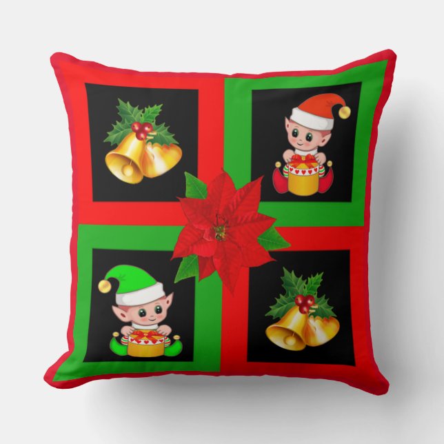 Julklockor & tomte på svart, grön och röd kudde (Framsida)