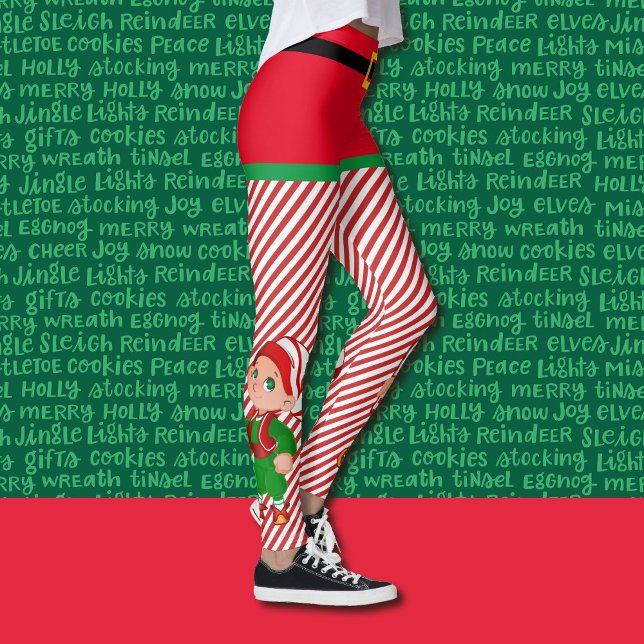 Julklute Elf Kvinnors rött och Grönt Rand Leggings (Skapare uppladdad)