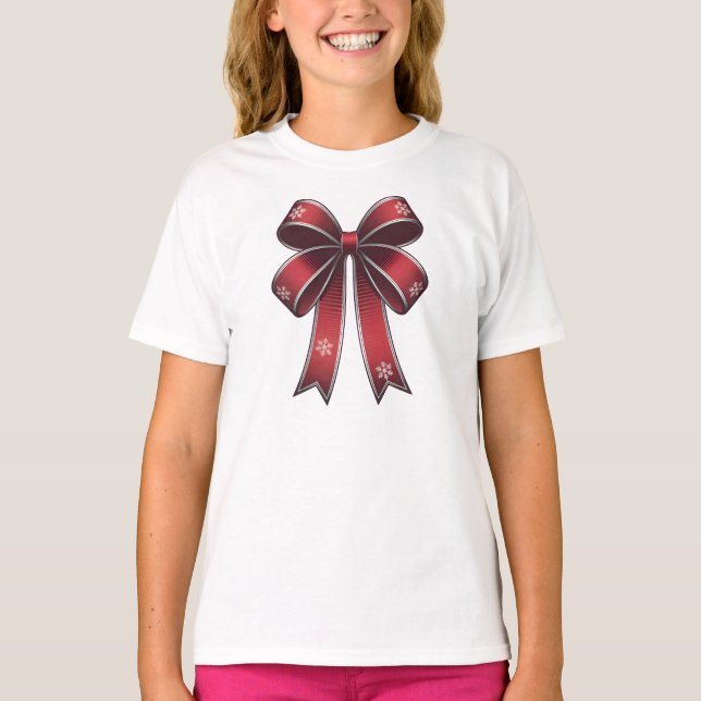 Julkokvett Red Bow & Snöflingor T Shirt (Framsida)