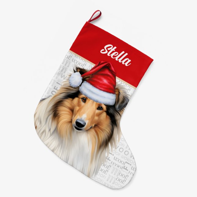 Julkollie Hund med Namn Woof Background Stor Julstrumpa (Framsidan (Hängande))