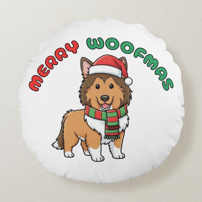 Julkollisionsrundan Pillow: Merry Woofmas Rund Kudde (Framsidan)