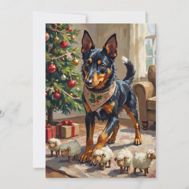 Julkonst med australisk kelpie vallande får julkort (Framsida)