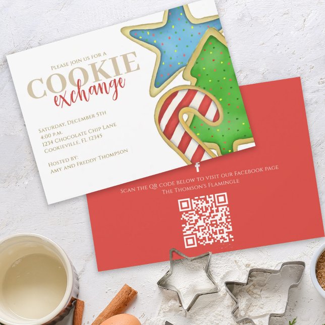 Julkookies Viktig Roligt QR-kod Facebook Inbjudningar (Christmas whimsical colorful cookie cutout invitation with QR code for social media sharing. )