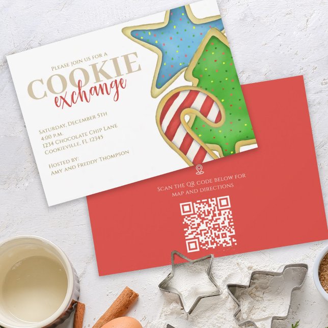Julkookies Viktigt QR Code Karta riktning Inbjudningar (Christmas whimsical colorful cookie cutout invitation with watercolor cute cookies. )
