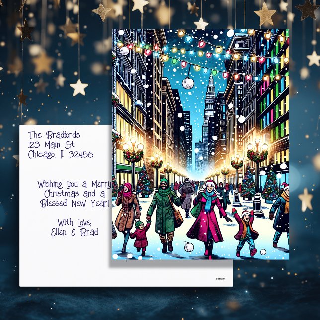 Julköp i staden på en snödag helg vykort (Skapare uppladdad)