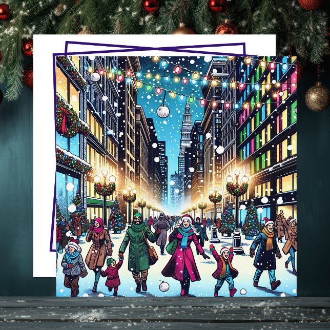 Julköp i staden på en snödag julkort (Skapare uppladdad)