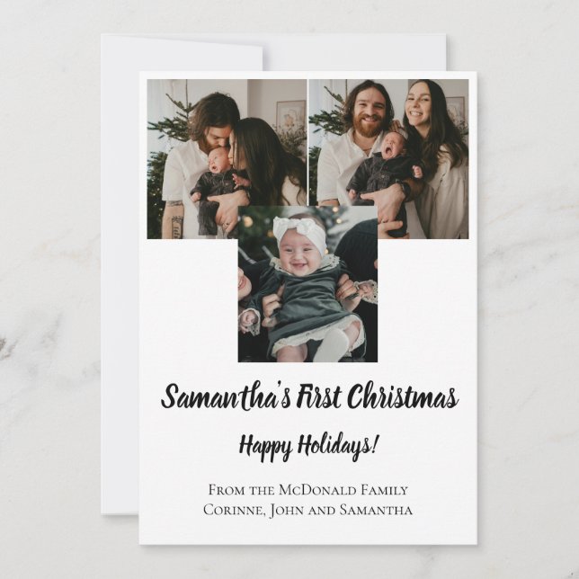 Julkort barnets första jul 3 foto namn inbjudningar (Framsida)